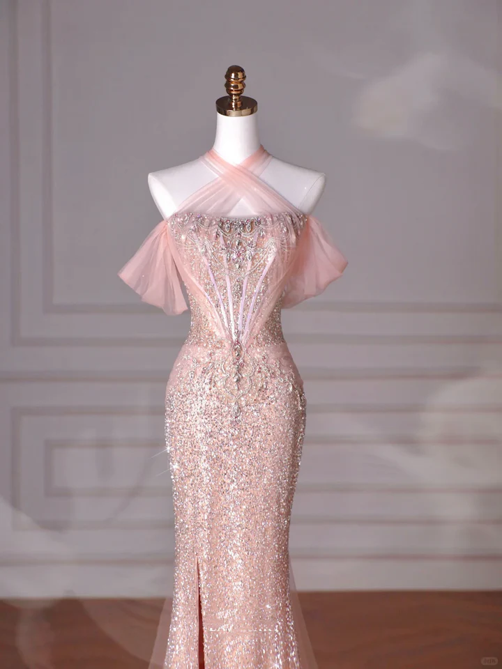 Sparkly Soft Pink Off The Shoulder Mermaid Tulle Sequin Beaded Slit Long Prom Dress, Evening Dress