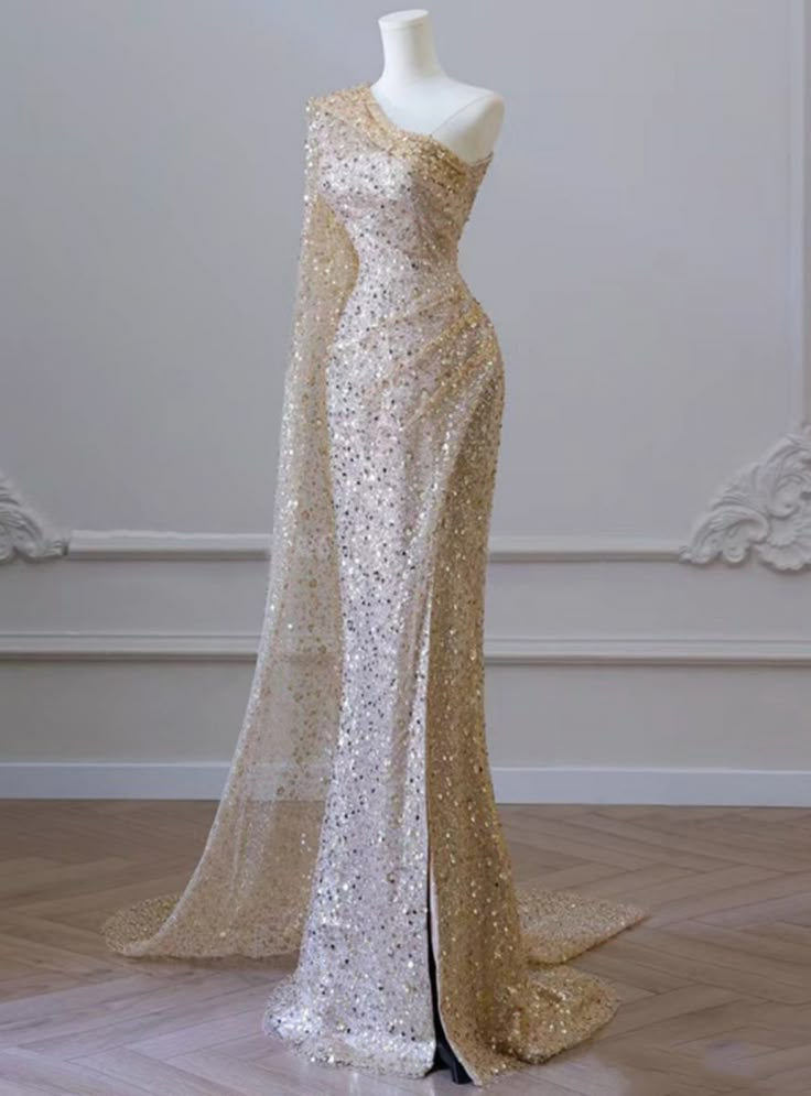 Gold Shiny One Shoulder Mermaid Sequin Slit Long Prom Dress, Evening Dress