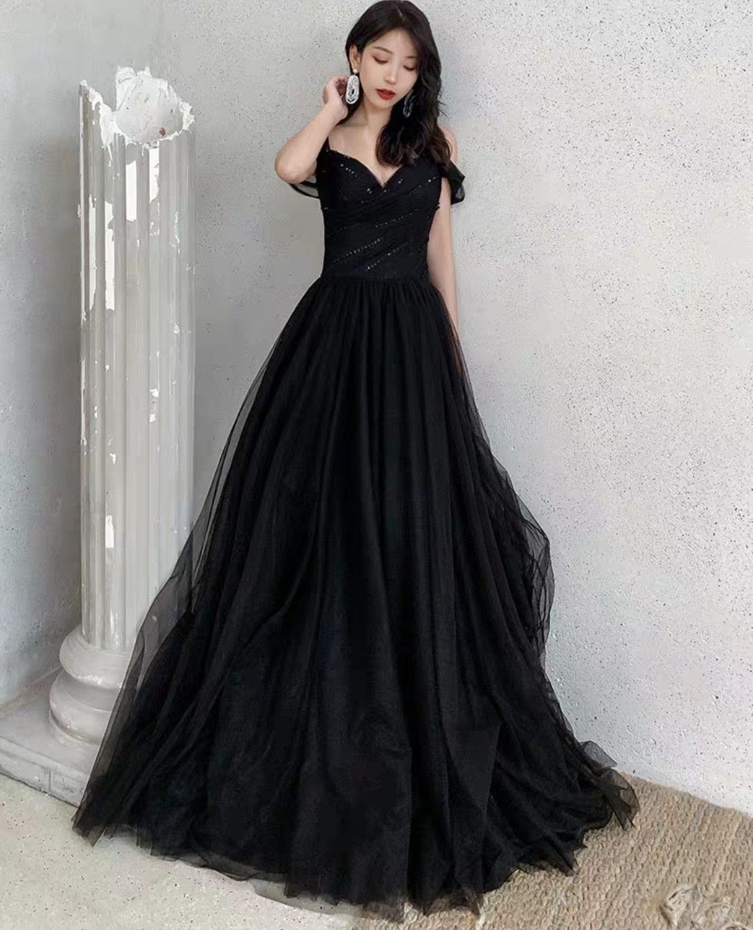 Classy A Line Black Off The Shoulder Tulle Sequin Long Prom Dress, Evening Gown