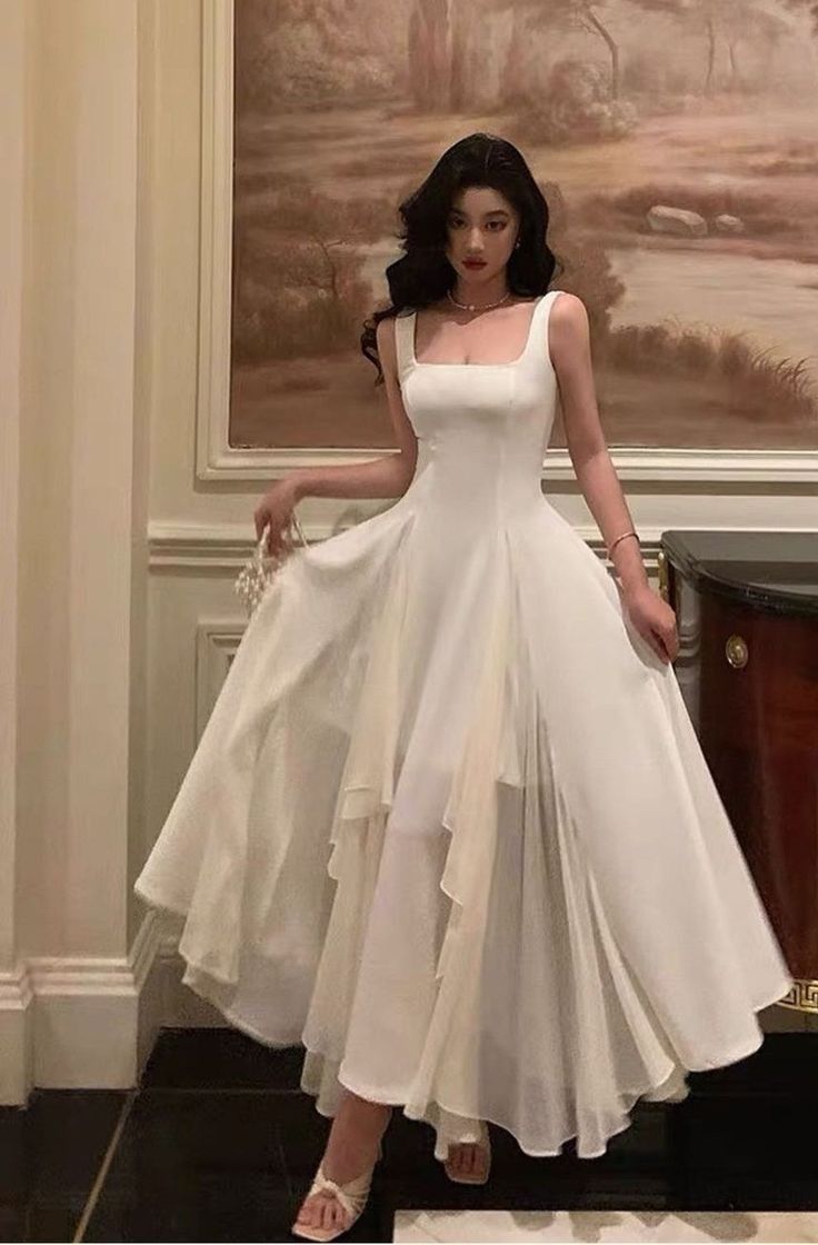 Pretty A Line Square Satin Chiffon Long Prom Dress, Evening Dress