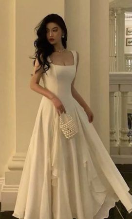 Pretty A Line Square Satin Chiffon Long Prom Dress, Evening Dress