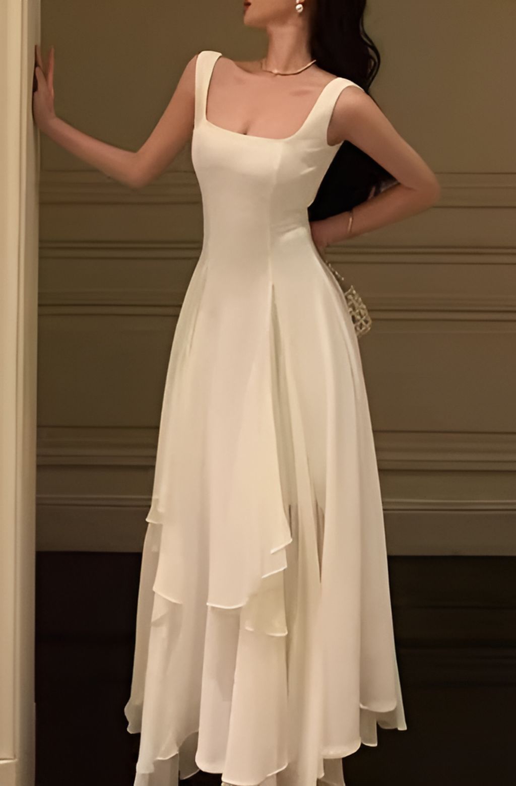 Pretty A Line Square Satin Chiffon Long Prom Dress, Evening Dress