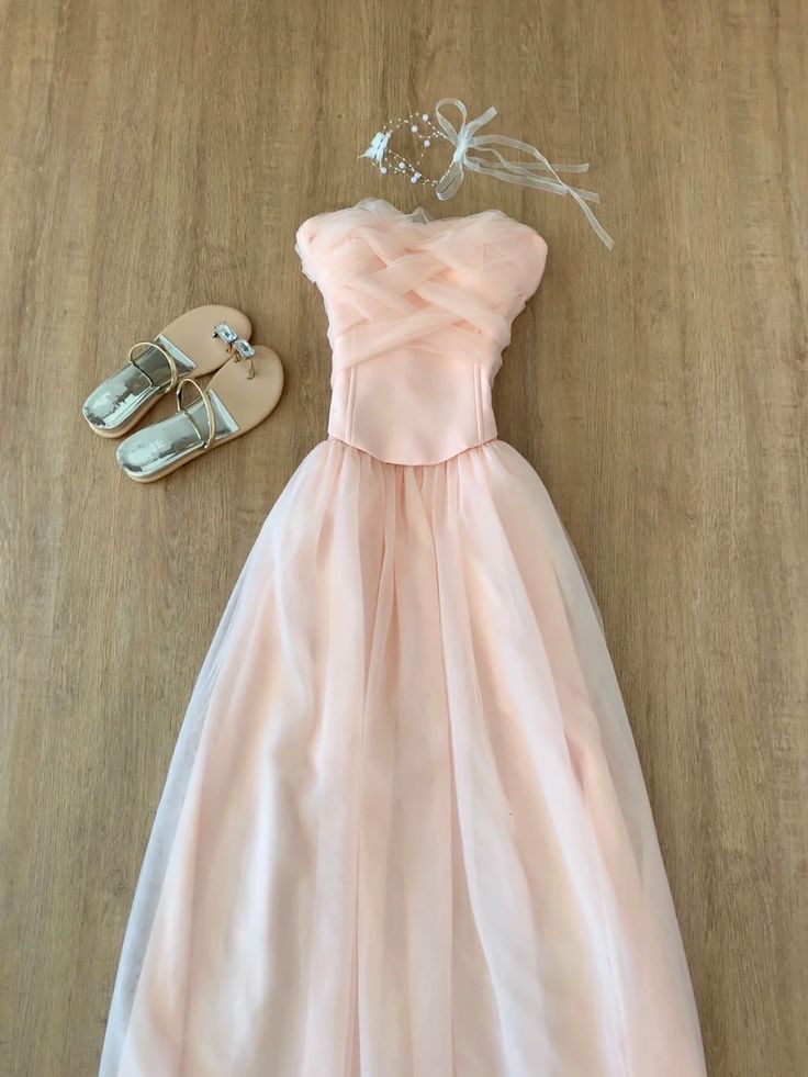 Elegant Soft Pink A Line Strapless Tulle Long Prom Dress, Evening Dress