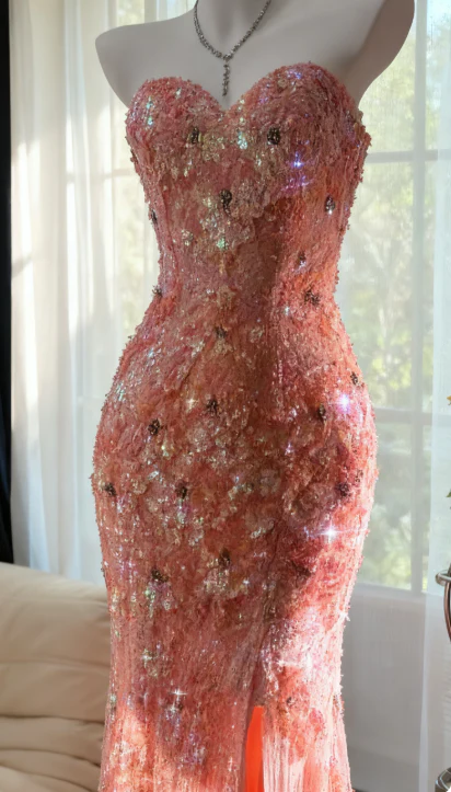 Gorgeous Mermaid Sweetheart Tulle Sequin Slit Beaded Long Prom Dress, Evening Dress