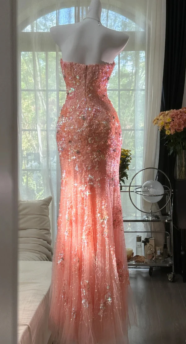 Gorgeous Mermaid Sweetheart Tulle Sequin Slit Beaded Long Prom Dress, Evening Dress