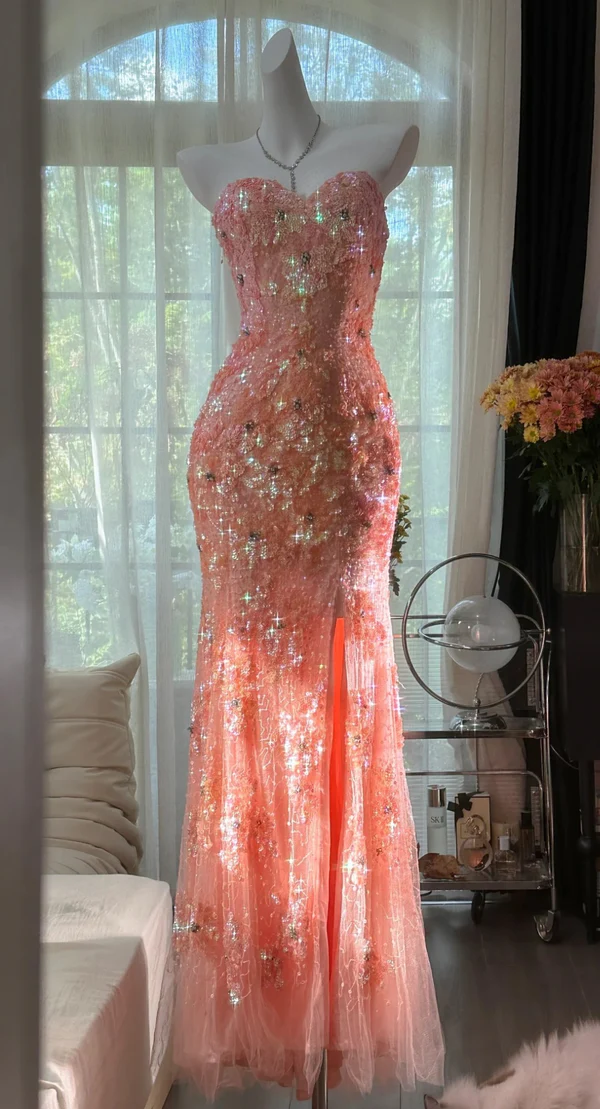 Gorgeous Mermaid Sweetheart Tulle Sequin Slit Beaded Long Prom Dress, Evening Dress