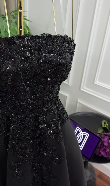 Formal Black A Line Strapless Satin Sequin Long Prom Dress, Evening Dress