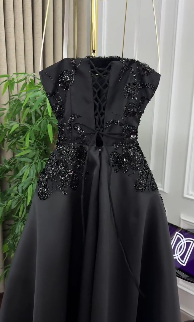 Formal Black A Line Strapless Satin Sequin Long Prom Dress, Evening Dress