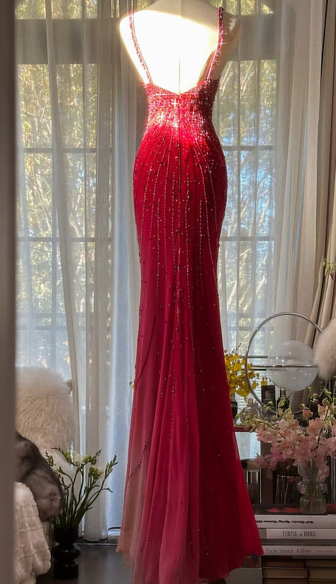 Red Mermaid Spaghetti Straps Tulle Beaded Long Prom Dress, Evening Dress