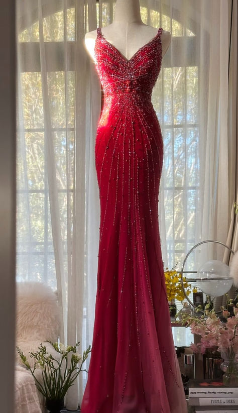Red Mermaid Spaghetti Straps Tulle Beaded Long Prom Dress, Evening Dress