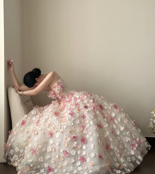 Fairy A Line Strapless Tulle Applique Long Prom Dress, Evening Dress