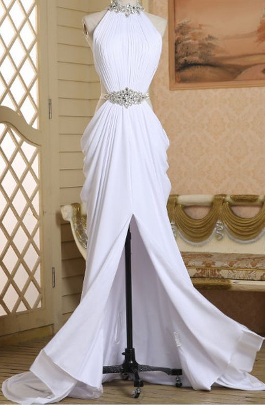 Classy White A Line Halter Satin Beaded Slit Long Prom Dress, Evening Dress