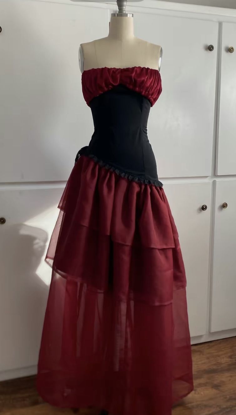 Unique A Line Strapless Satin Tiered Chiffon Long Prom Dress, Evening Dress