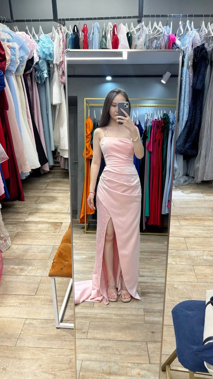 Pretty Chic Mermaid Pink Spaghetti Straps Satin Sequin Slit Without Sleeves Long Prom Dress, Evening Dress