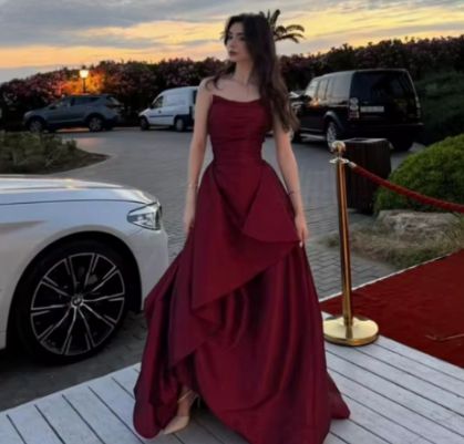 Formal A Line Strapless Burgundy Satin Without Sleeves Long Prom Dress, Evening Dress