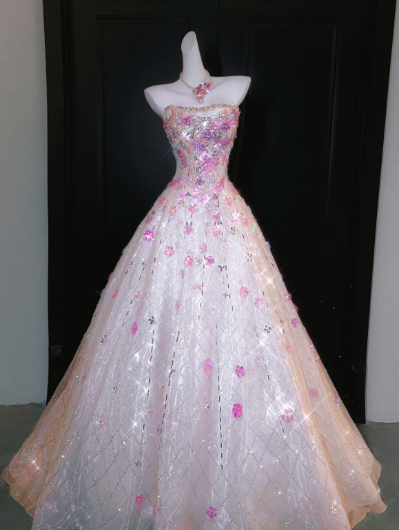 Gorgeous Shiny A Line Strapless Tulle Sequin Floral Without Sleeves Long Prom Dress, Evening Dress