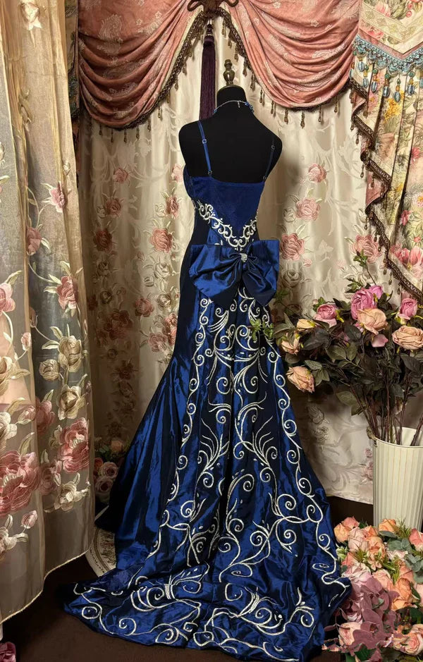 Elegant Mermaid Navy Spaghetti Straps Satin Without Sleeves Long Prom Dress, Evening Dress