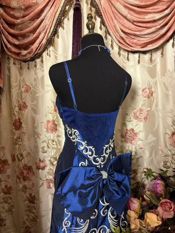 Elegant Mermaid Navy Spaghetti Straps Satin Without Sleeves Long Prom Dress, Evening Dress