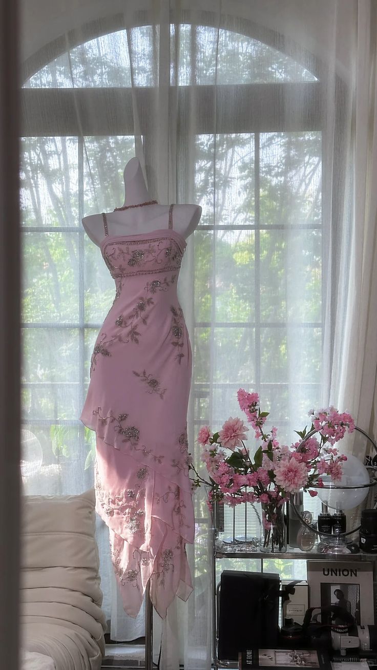 Pretty Pink Mermaid Spaghetti Straps Tiered Chiffon Sequin Without Sleeves Long Prom Dress, Evening Dress
