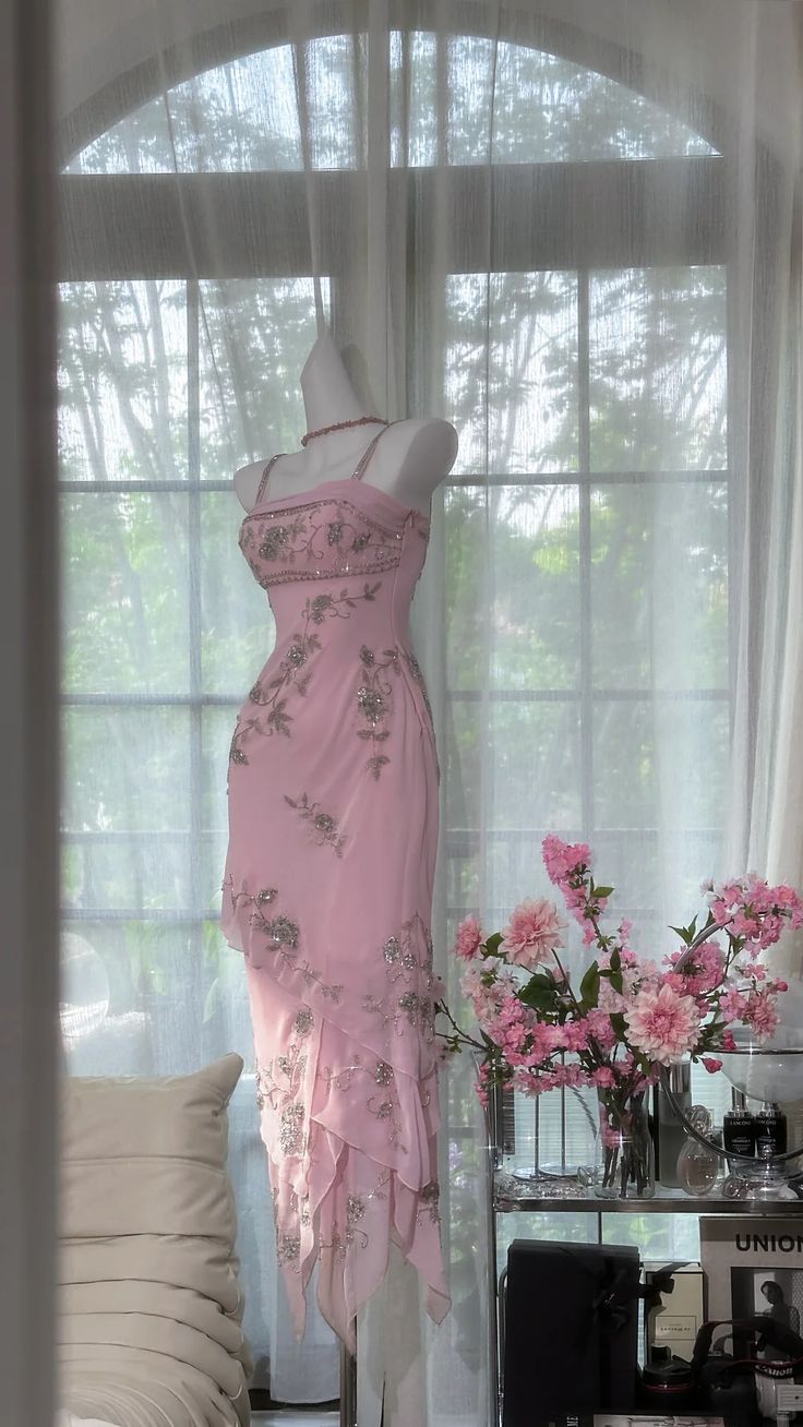 Pretty Pink Mermaid Spaghetti Straps Tiered Chiffon Sequin Without Sleeves Long Prom Dress, Evening Dress