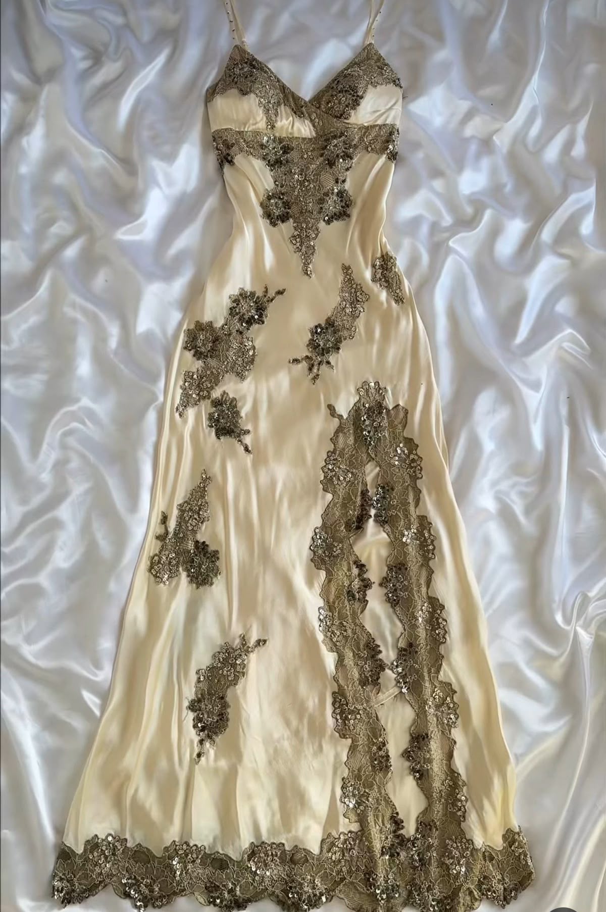 Pretty Charming Spaghetti Straps Satin Lace Slit Without Sleeves Long Prom Dress, Evening Dress