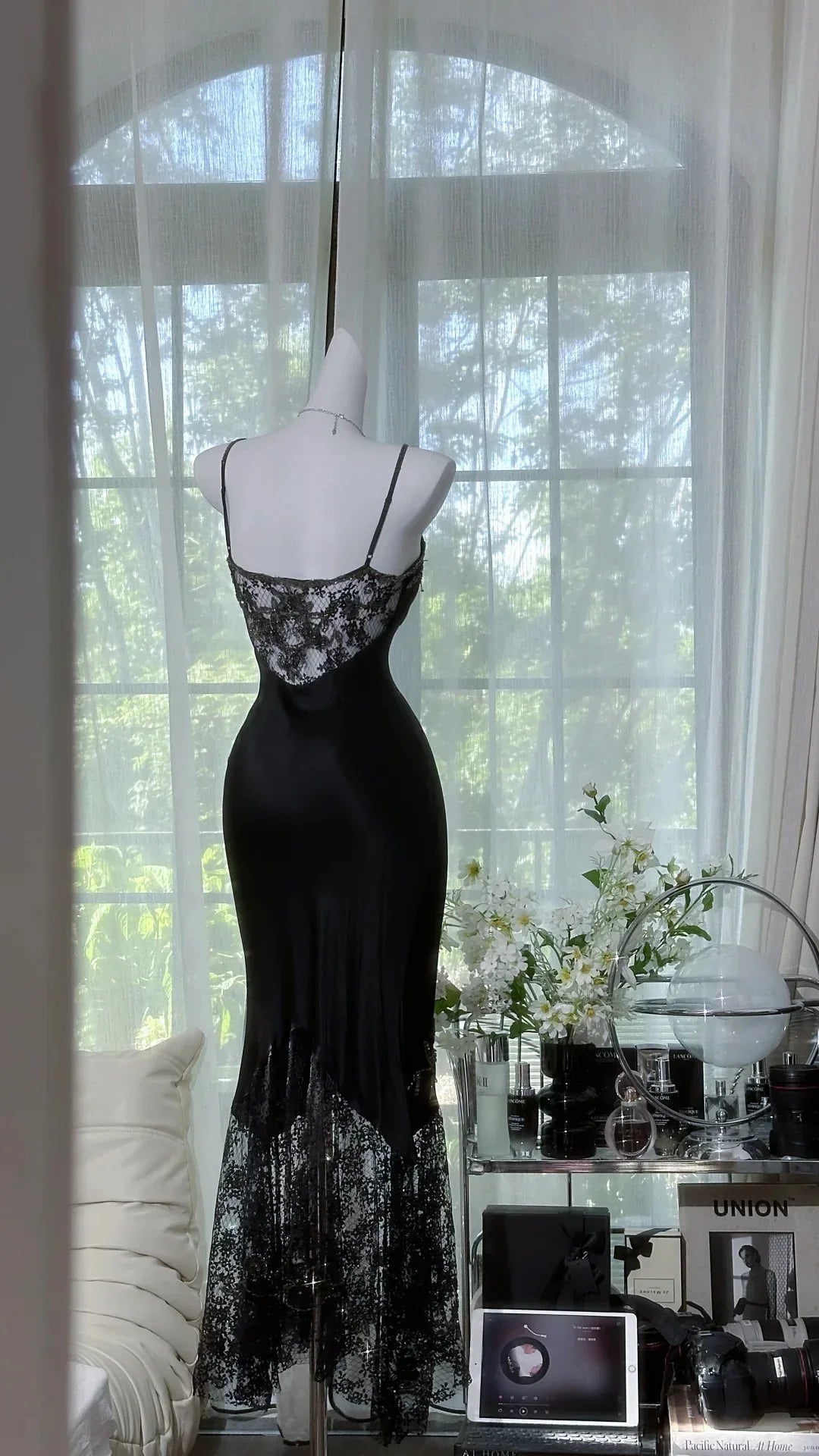 Black Charming Mermaid Spaghetti Straps Satin Lace Sequin Without Sleeves Long Prom Dress, Evening Dress