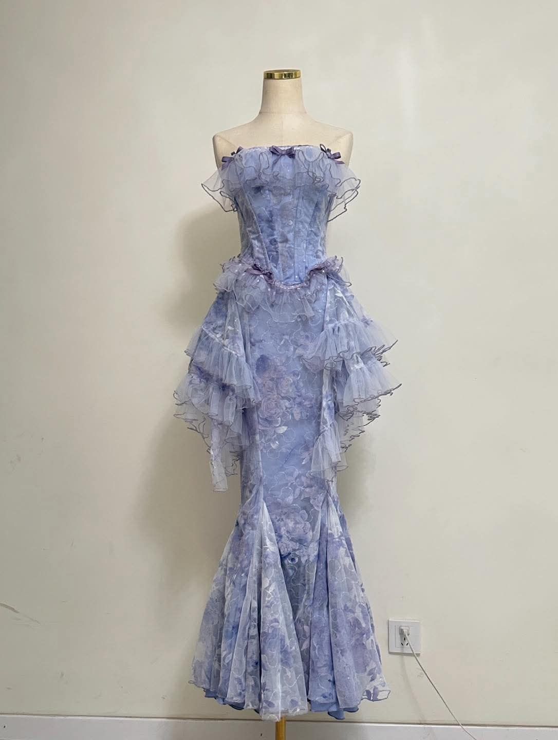 Gorgeous Mermaid Charming Strapless Printed Floral Satin Chiffon Without Sleeves Long Prom Dress, Evening Dress