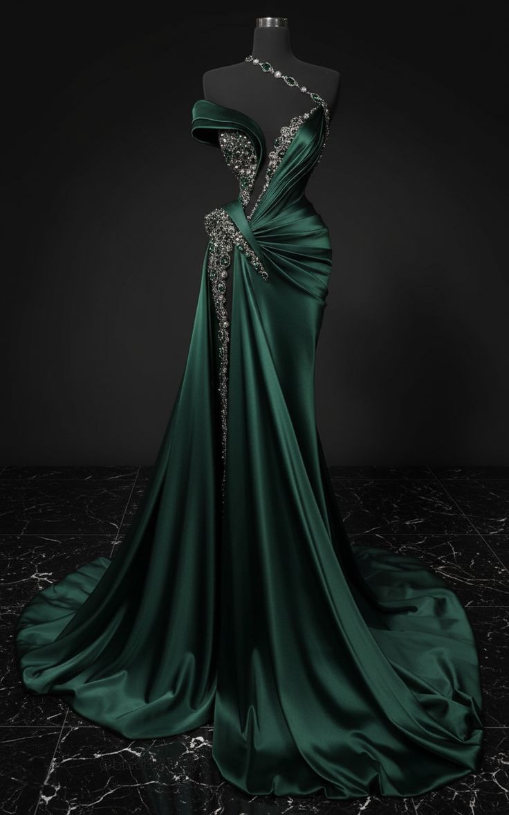 Charming Dark Green Mermaid Strapless Satin Beaded Without Sleeves Long Prom Dress, Evening Dress