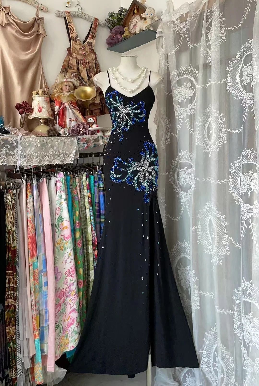 Pretty Mermaid Spaghetti Straps Black Satin Sequin Beaded Without Sleeves Long Prom Dress, Evening Dress