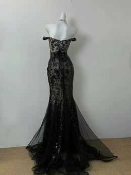 Chic Mermaid Black Off The Shoulder Lace Without Sleeves Long Prom Dress, Evening Dress