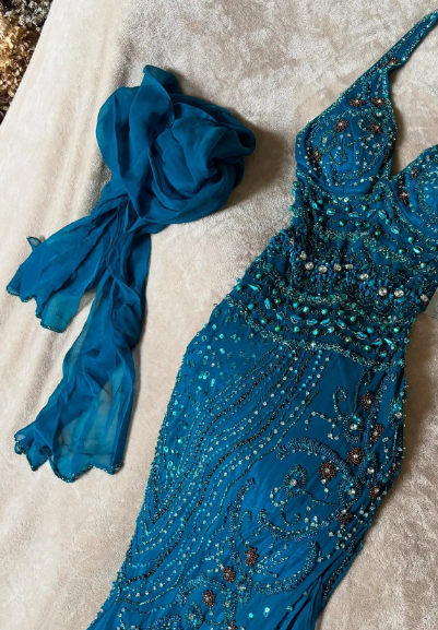 Gorgeous Mermaid Halter Chiffon Beaded With Scarf Without Sleeves Long Prom Dress, Evening Dress