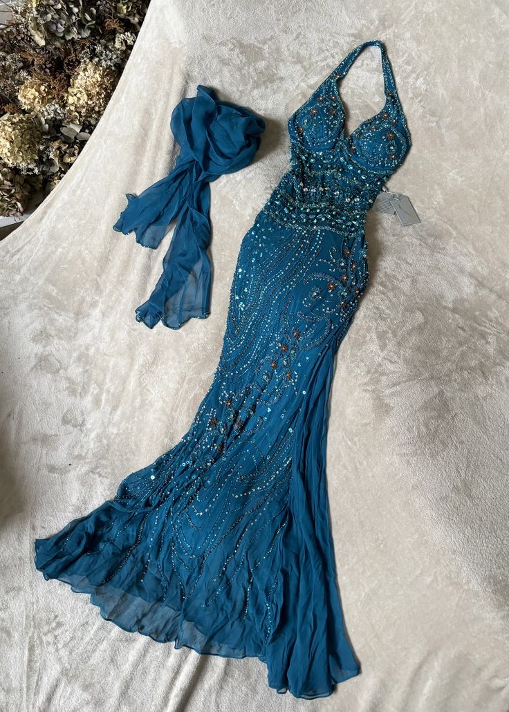 Gorgeous Mermaid Halter Chiffon Beaded With Scarf Without Sleeves Long Prom Dress, Evening Dress