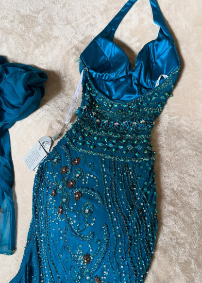 Gorgeous Mermaid Halter Chiffon Beaded With Scarf Without Sleeves Long Prom Dress, Evening Dress