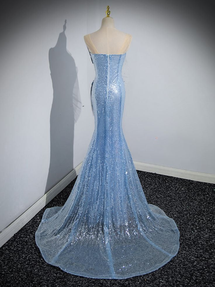Sparkly Mermaid Strapless Tulle Sequin Beaded Without Sleeves Long Prom Dress, Evening Dress