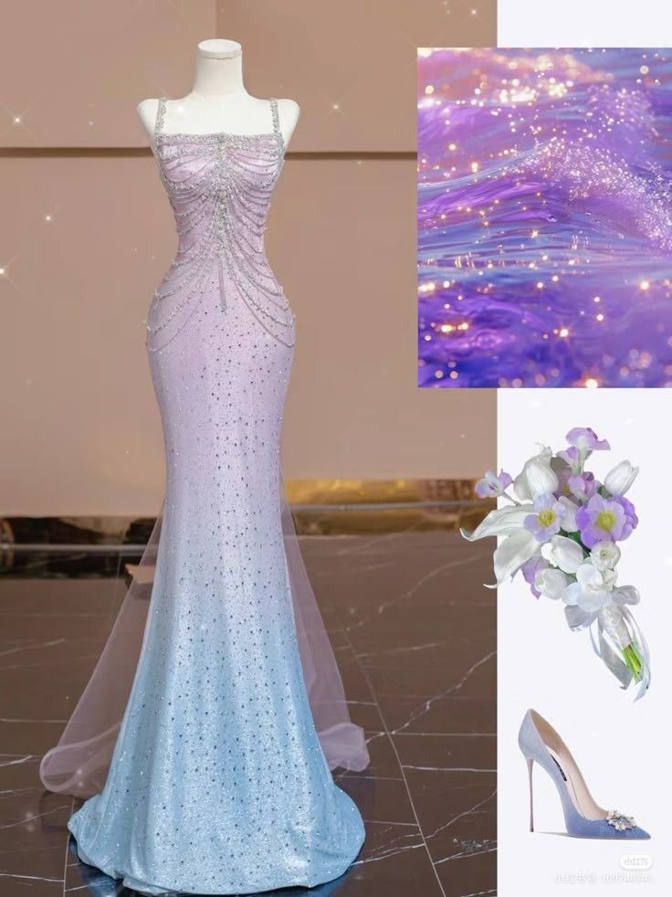 Gradient Mermaid Spaghetti Straps Satin Tulle Beaded Without Sleeves Long Prom Dress, Evening Dress