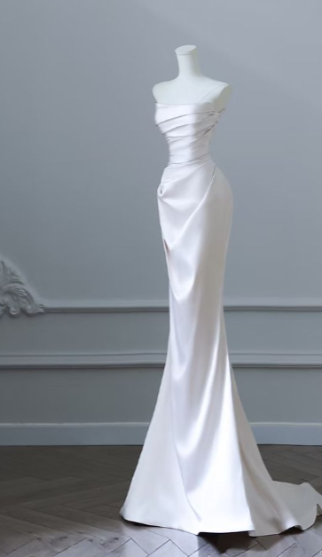 Elegant Mermaid Strapless Pleated Satin Without Sleeves Long Prom Dress, Evening Dress