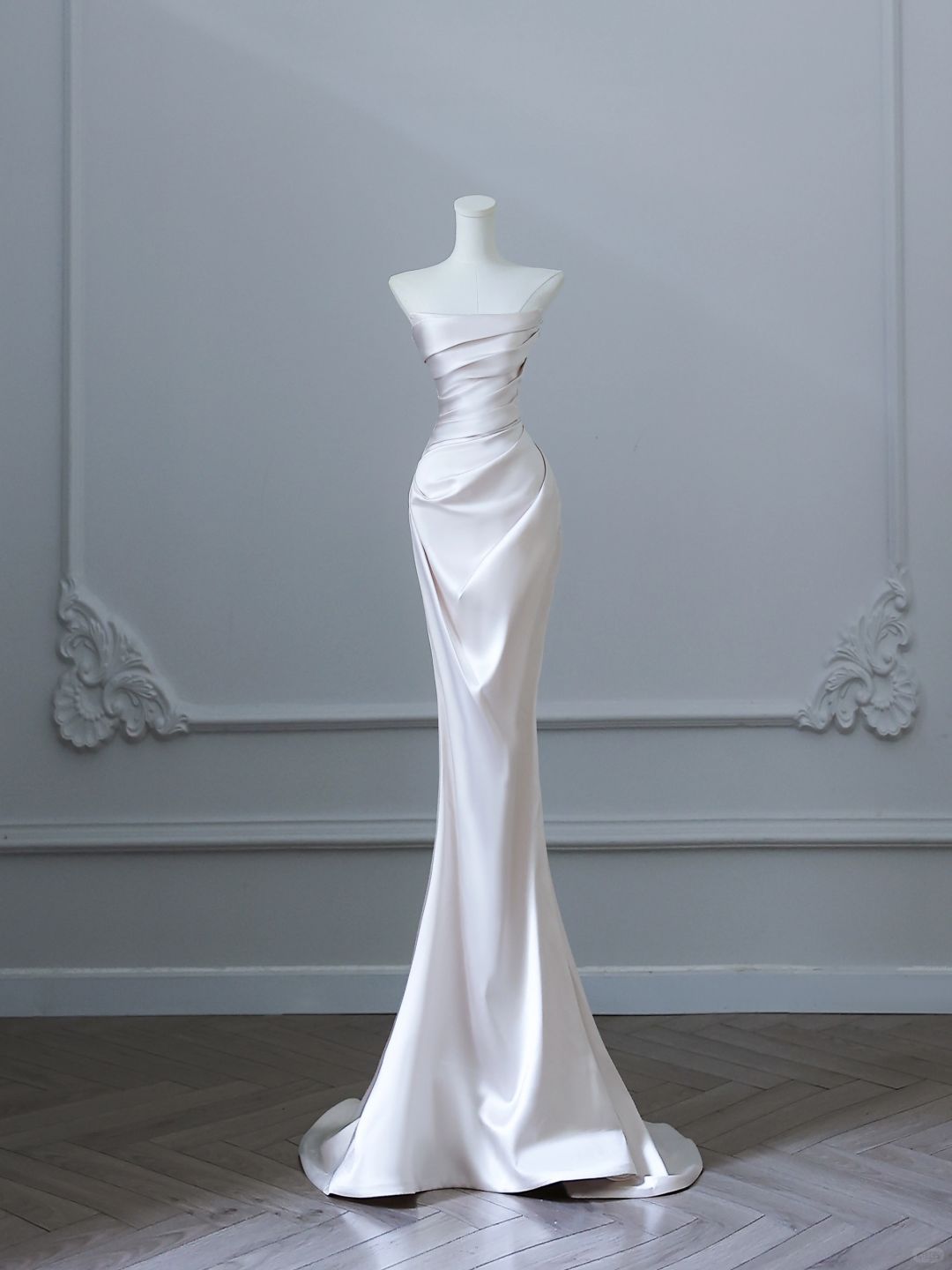 Elegant Mermaid Strapless Pleated Satin Without Sleeves Long Prom Dress, Evening Dress