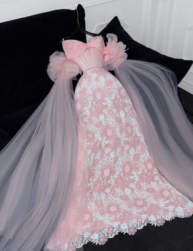 Princess A Line Strapless Satin Tulle Lace Without Sleeves Long Prom Dress, Evening Dress