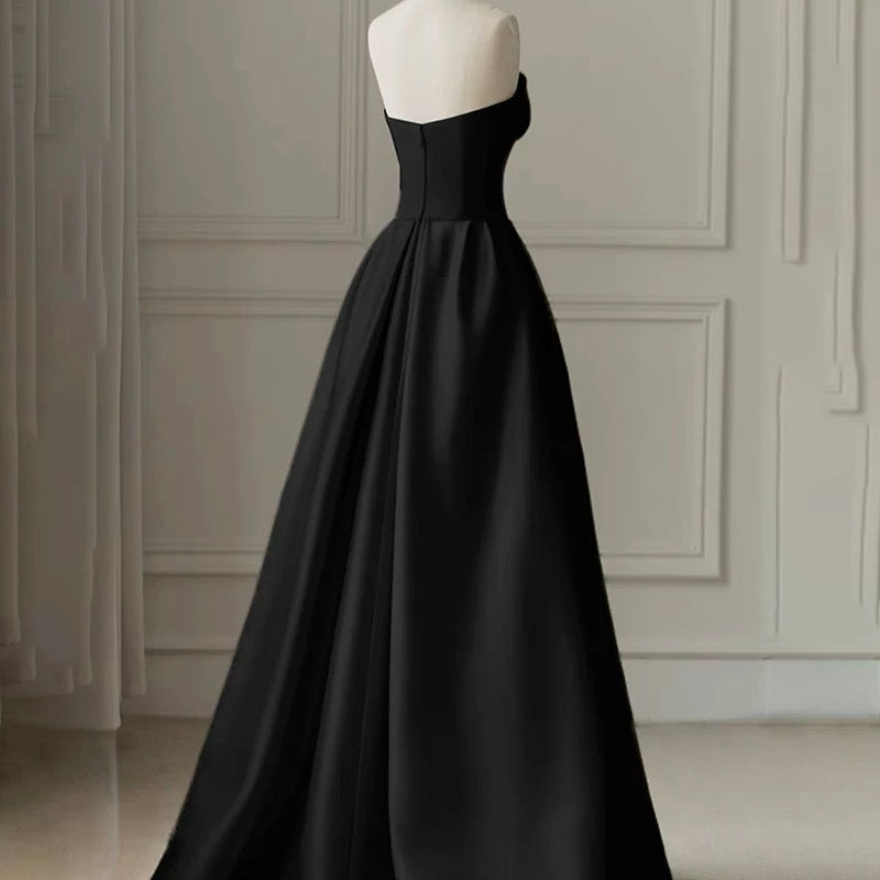 Strapless Satin Pearls Tulle Long Prom Dresses Party Dress