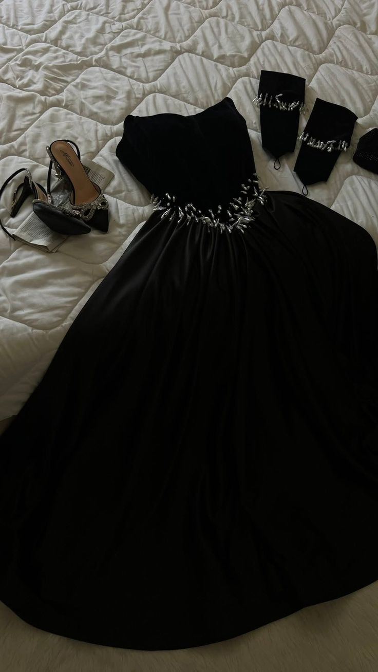 Classy A Line Strapless Black Satin Beaded Without Sleeves Long Prom Dress, Evening Dress