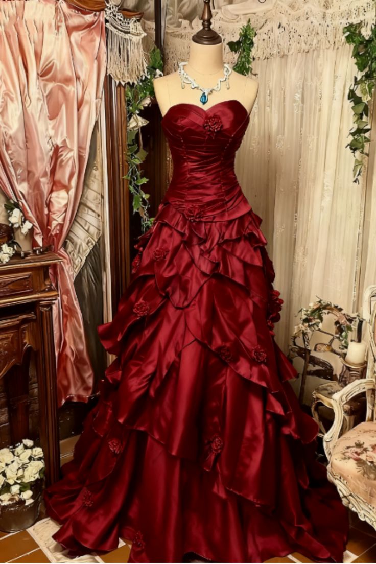Vintage Burgundy A Line Sweetheart Satin Without Sleeves Long Prom Dress, Evening Dress