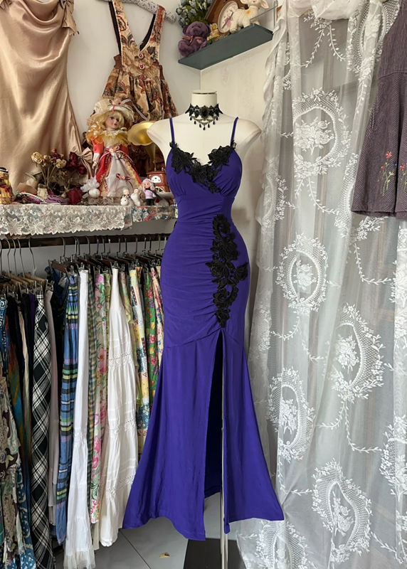 Classy Mermaid Spaghetti Straps Satin Lace Slit Without Sleeves Long Prom Dress, Evening Dress