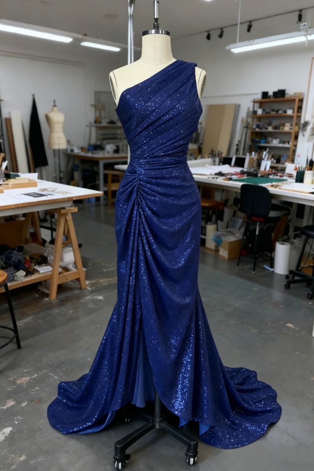 Classic Mermaid One Shoulder Pleated Satin Sequin Without Sleeves Long Prom Dress, Evening Dress