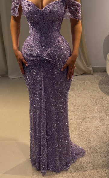 Shiny Lilac Mermaid Off The Shoulder Sequin Without Sleeves Long Prom Dress, Evening Dress