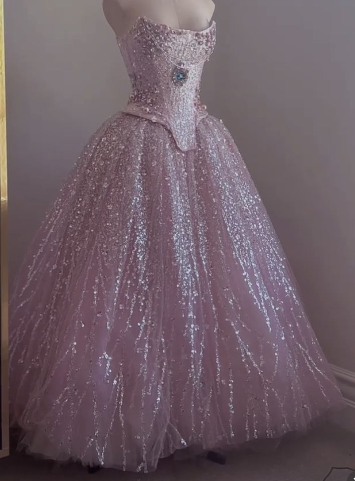 Pink Gorgeous A Line Strapless Tulle Sequin Beaded Without Sleeves Long Prom Dress, Evening Dress