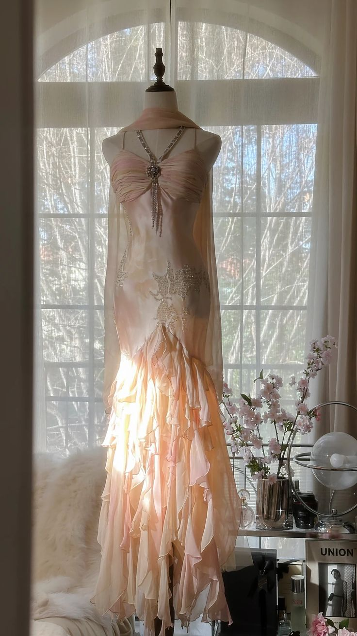 Chic Mermaid Spaghetti Straps Satin Ruffle Chiffon Beaded Without Sleeves Long Prom Dress, Evening Dress