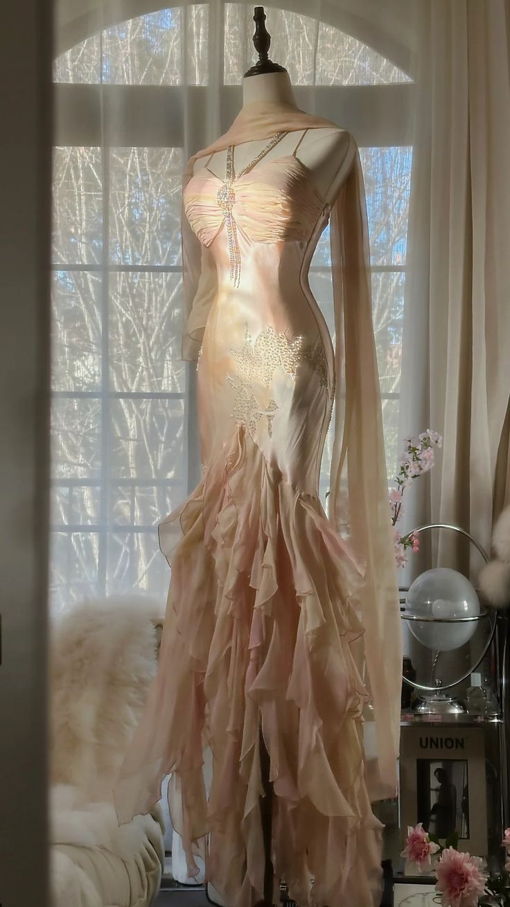 Chic Mermaid Spaghetti Straps Satin Ruffle Chiffon Beaded Without Sleeves Long Prom Dress, Evening Dress