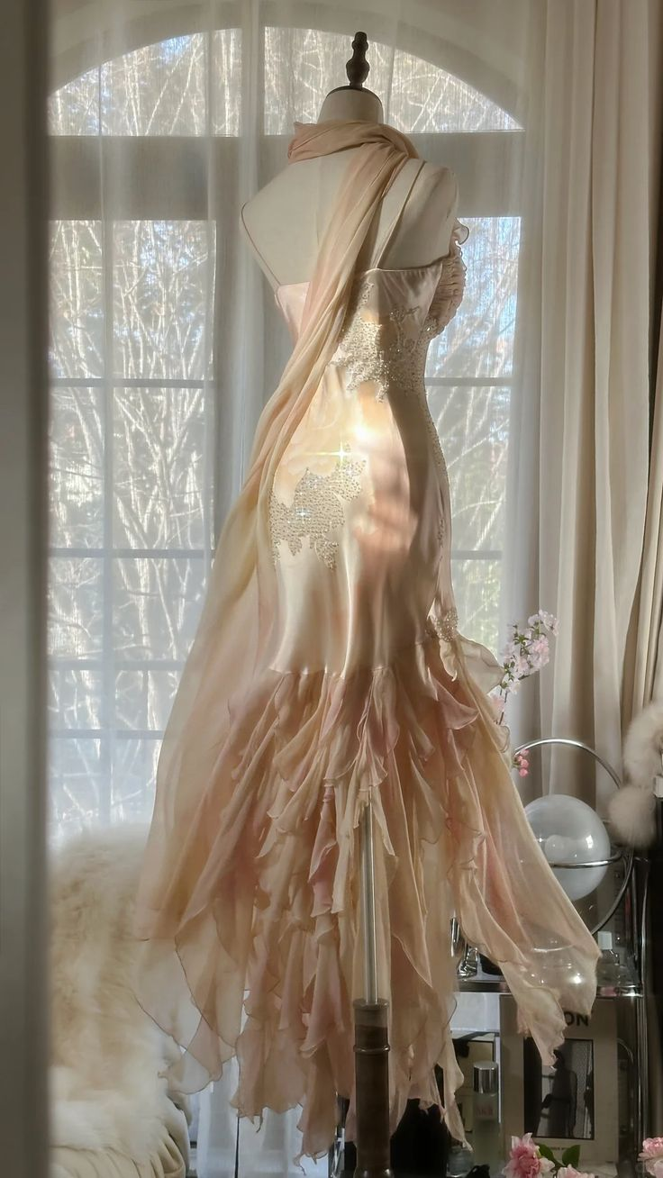 Chic Mermaid Spaghetti Straps Satin Ruffle Chiffon Beaded Without Sleeves Long Prom Dress, Evening Dress