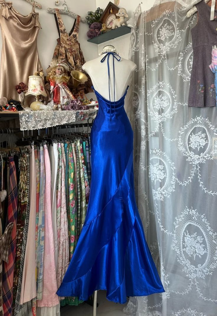 Obessed Mermaid Halter Royal Blue Satin Bedaed Backless Without Sleeves Long Prom Dress, Evening Dress