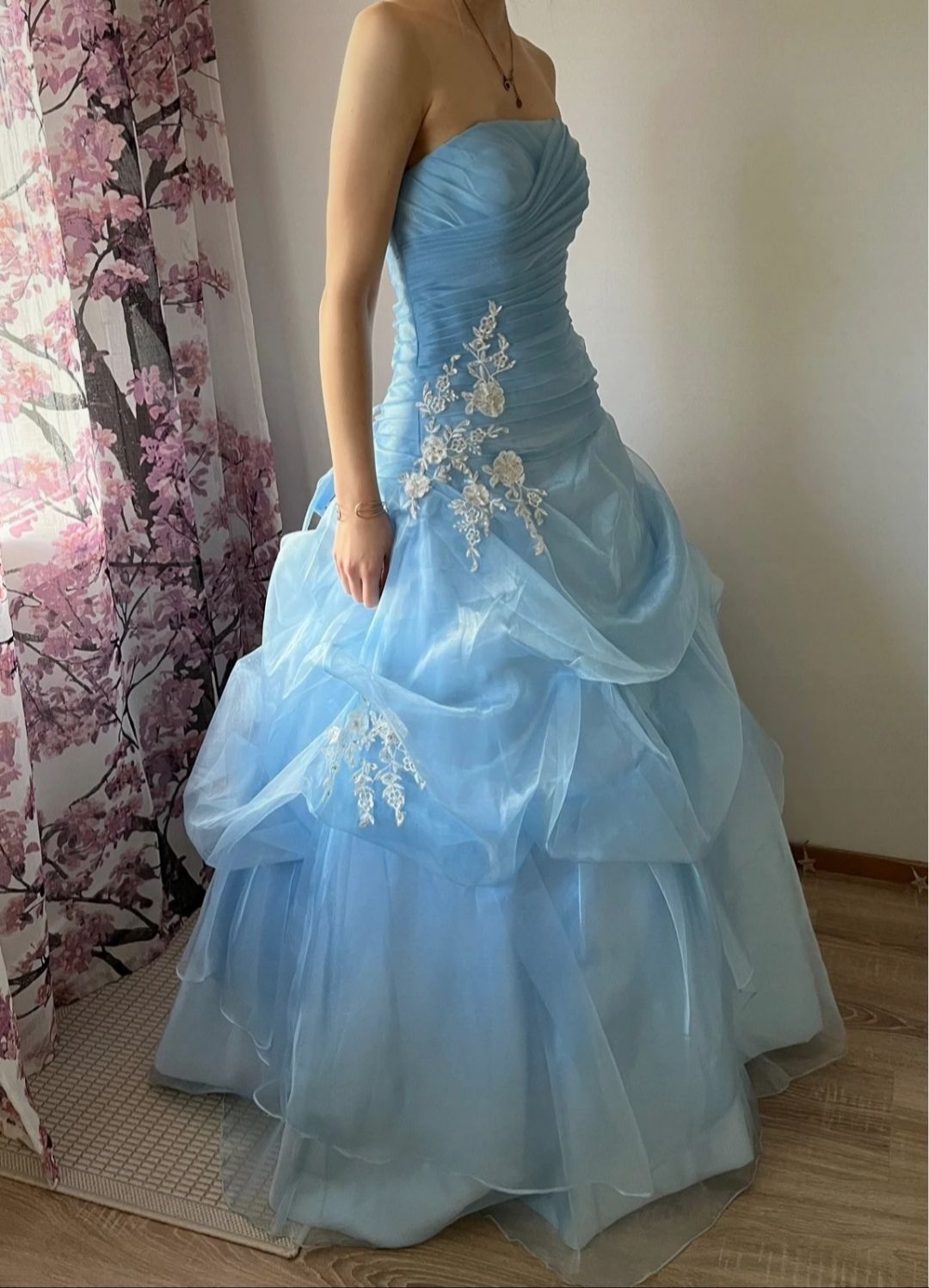Pale Blue Ball Gown Strapless Satin Tulle Applique Without Sleeves Long Prom Dress, Evening Dress